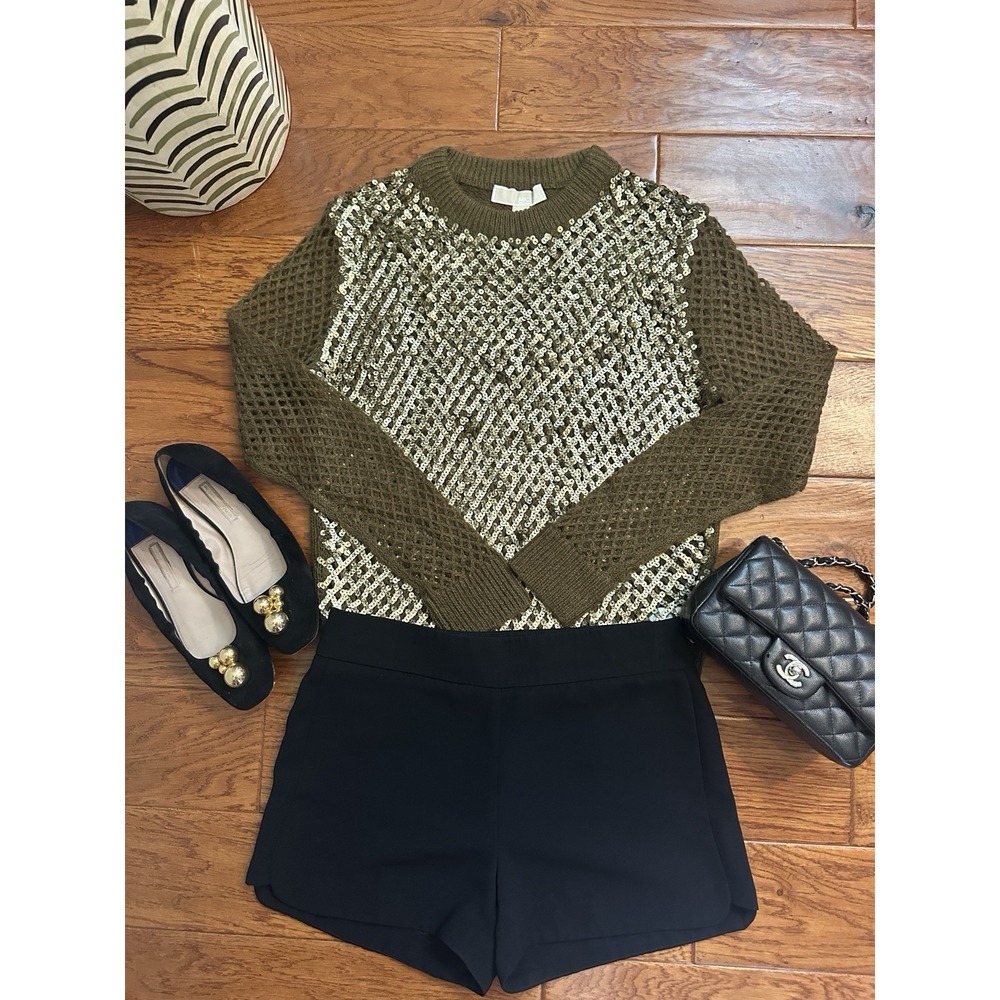 MICHAEL KORS Sequin Sweater Womens Small S Olive Green Alpaca Mohair Open Knit
